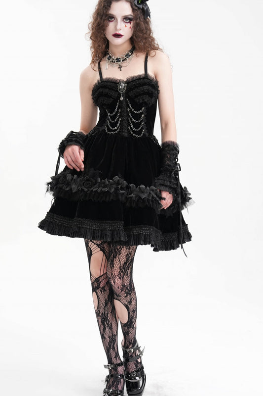 Gothic Slip Dress with Ruffle Lace and Chain for Women