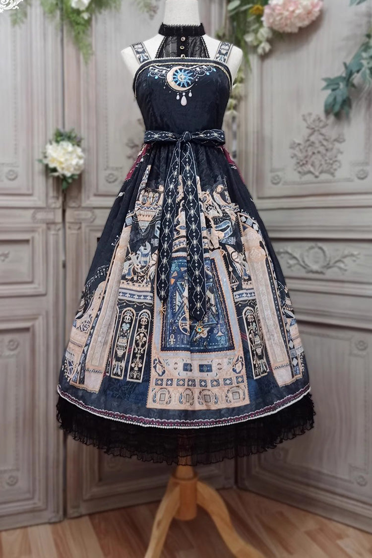 Gothic Lolita Dress with Egyptian Print, Ruffles, Dusk Style