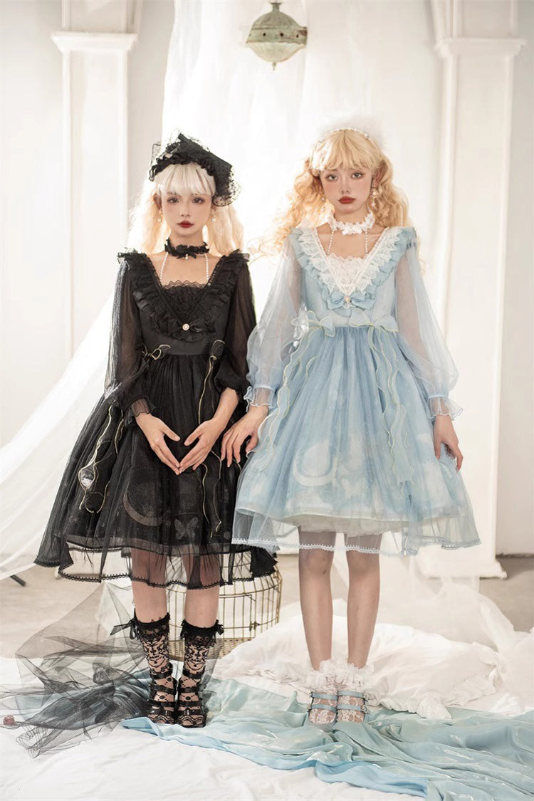 Black Planet Butterfly Printed Gothic Lolita Dress - High-Waisted Ruffled Lace