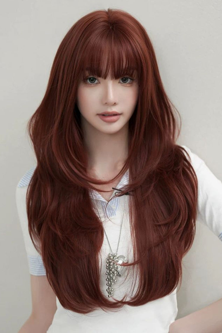 Smoky Reddish Brown Full Air Bangs Butterfly Cut Sweet Lolita Wig
