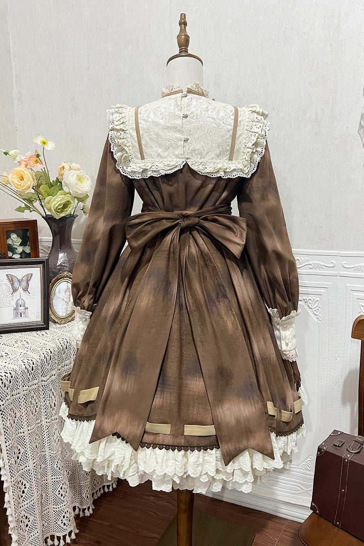 Chocolate Cat Print Long Sleeve Ruffle Bow Sweet Dress