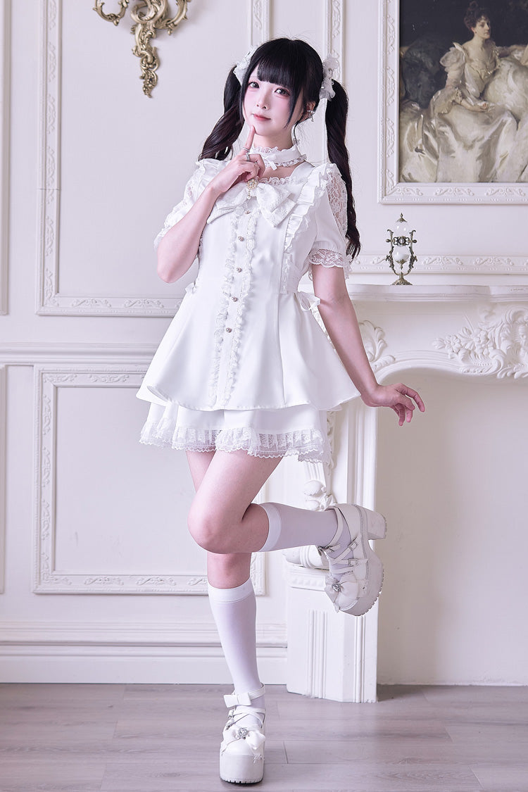 Ivory Ruffle Bowknot Jirai Kei Dress Set with Short Sleeves - Waltz
