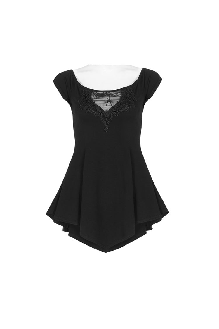 Gothic Tee with Lace Embroidery and Frilled Hem for Women