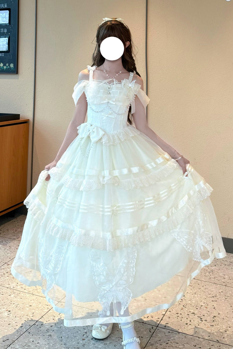 Apricot Elegant Princess Lolita JSK Dress with Triple-Layer Jacquard Ruffles Bowknot and Lace