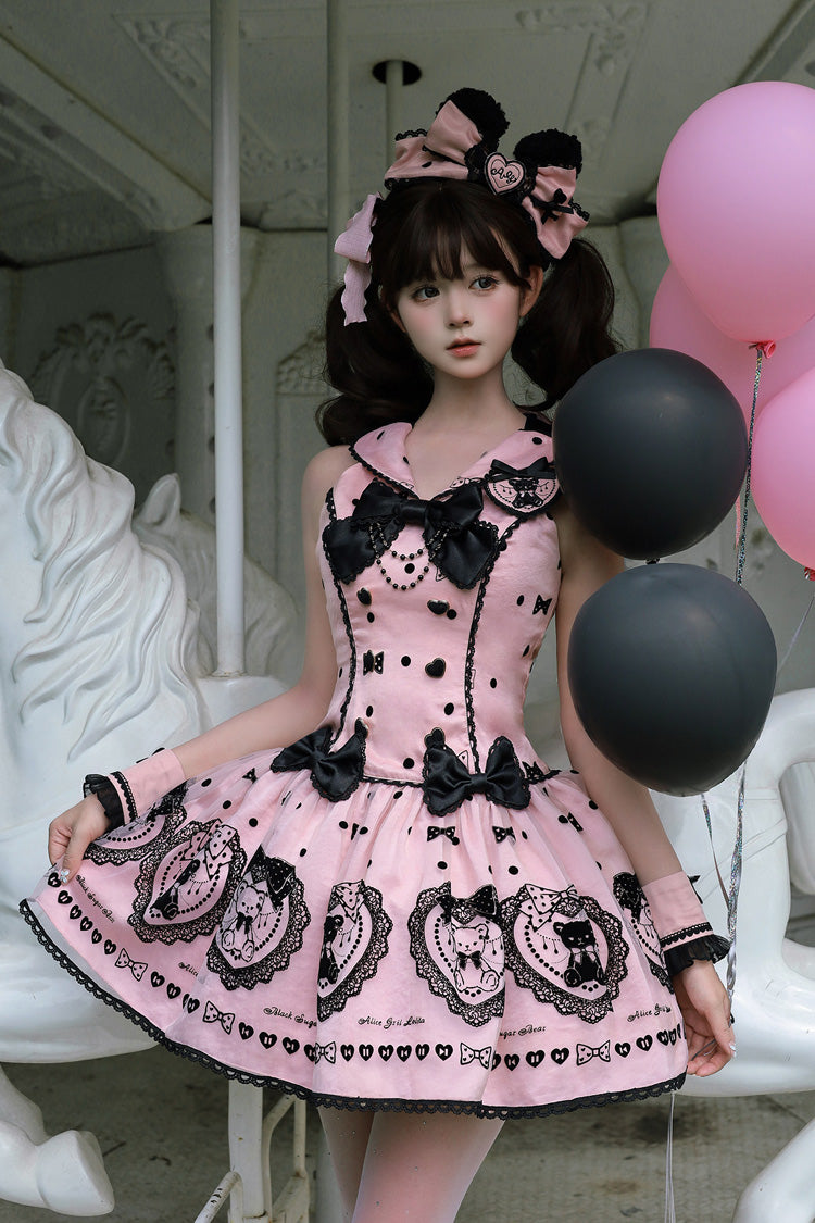 Pink Halterneck Sleeveless Embroidered Bow Sweet Dress - Sugar Bear