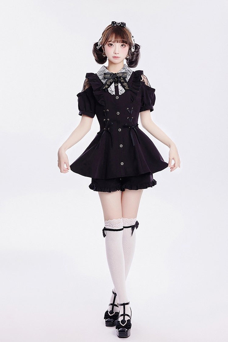 [Alice of Wednesday] Sweet Off Shoulder Short Sleeves Ruffle Bowknot Lace-Up Japanese Jirai Kei Dress Shorts Set 3 Colors