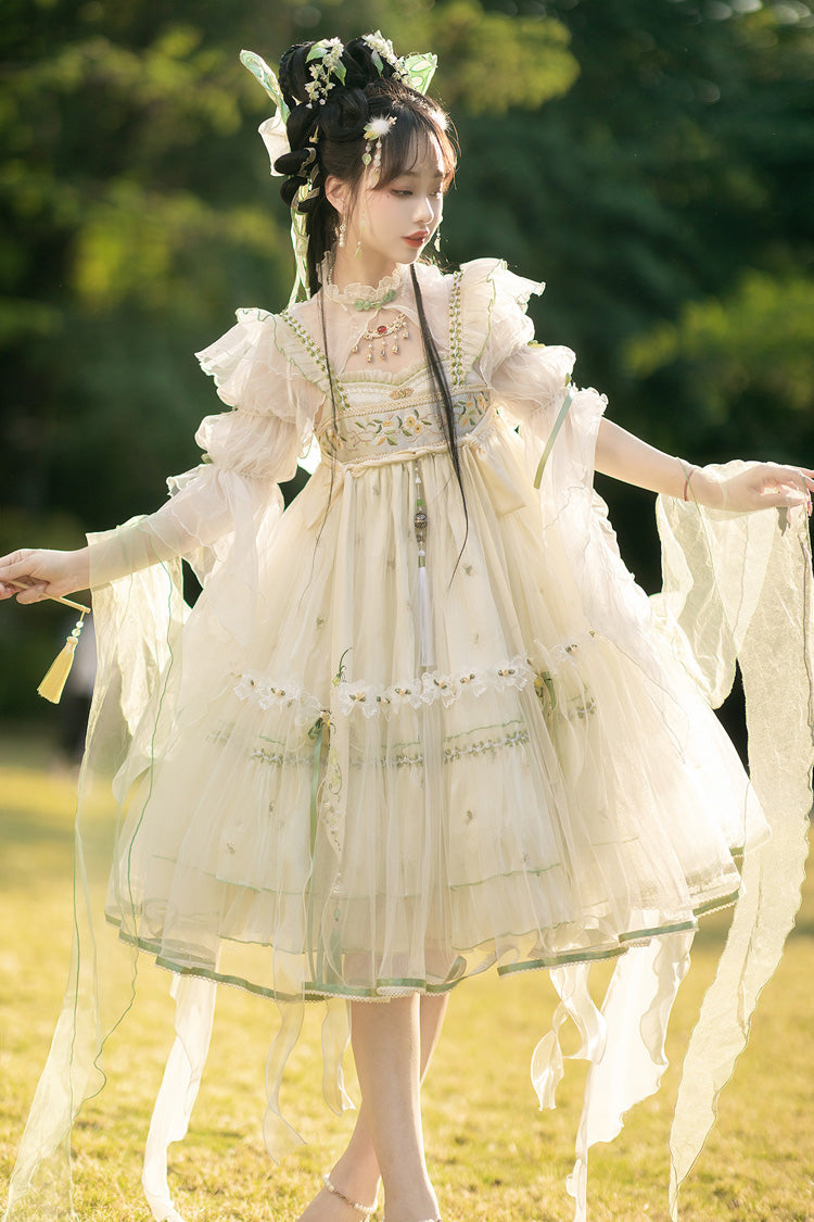 Cream Luo Ling Fu Embroidery Bow Lace Frilled Chinese Style Sweet Lolita JSK Dress