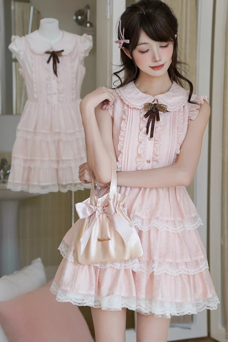Pink Triple-Ruffle Lace Dress with Bow Accent
