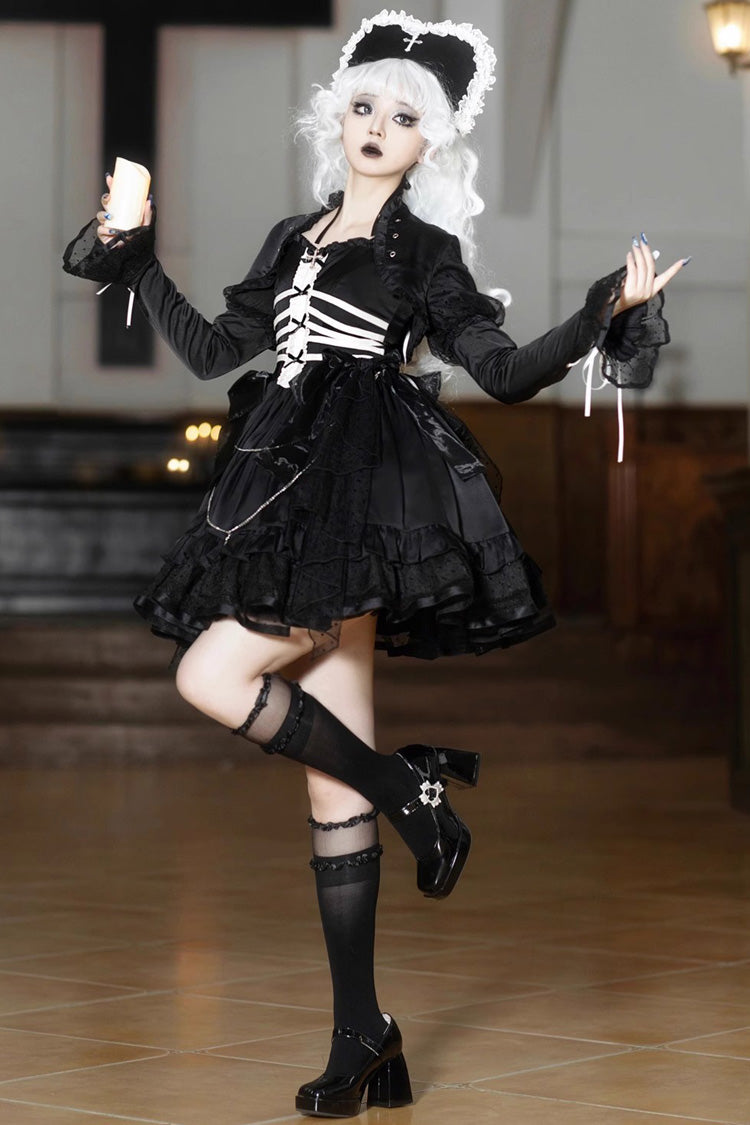 Black Prisoner Illusion Long-Sleeve Multi-Ruffle Bow Gothic Lolita JSK