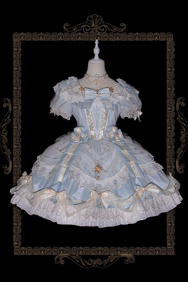 Light Blue Short Sleeve Layered Lace Sweet Dress - Girls' Day
