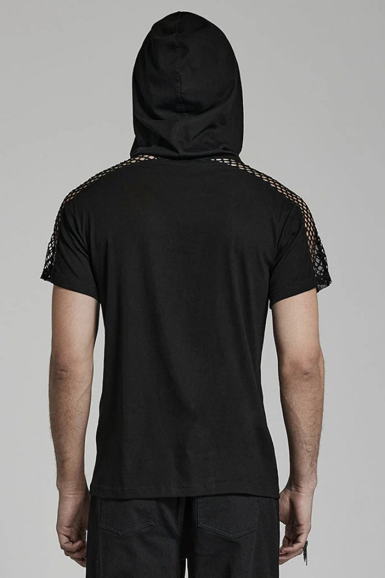 Hooded Steampunk Mesh Shirt with Stitching for Men