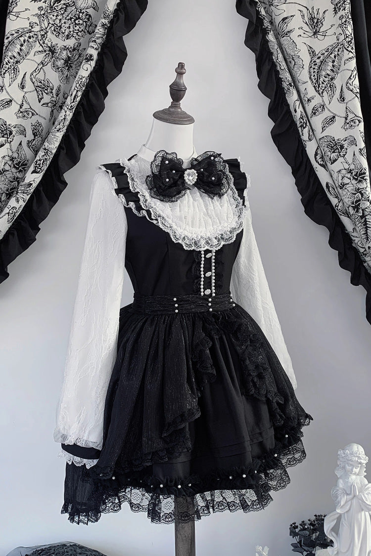 Black/White Thorn Doll Long Sleeves Ruffled Bow Pearl-Decorated Gothic Jirai Kei Gown