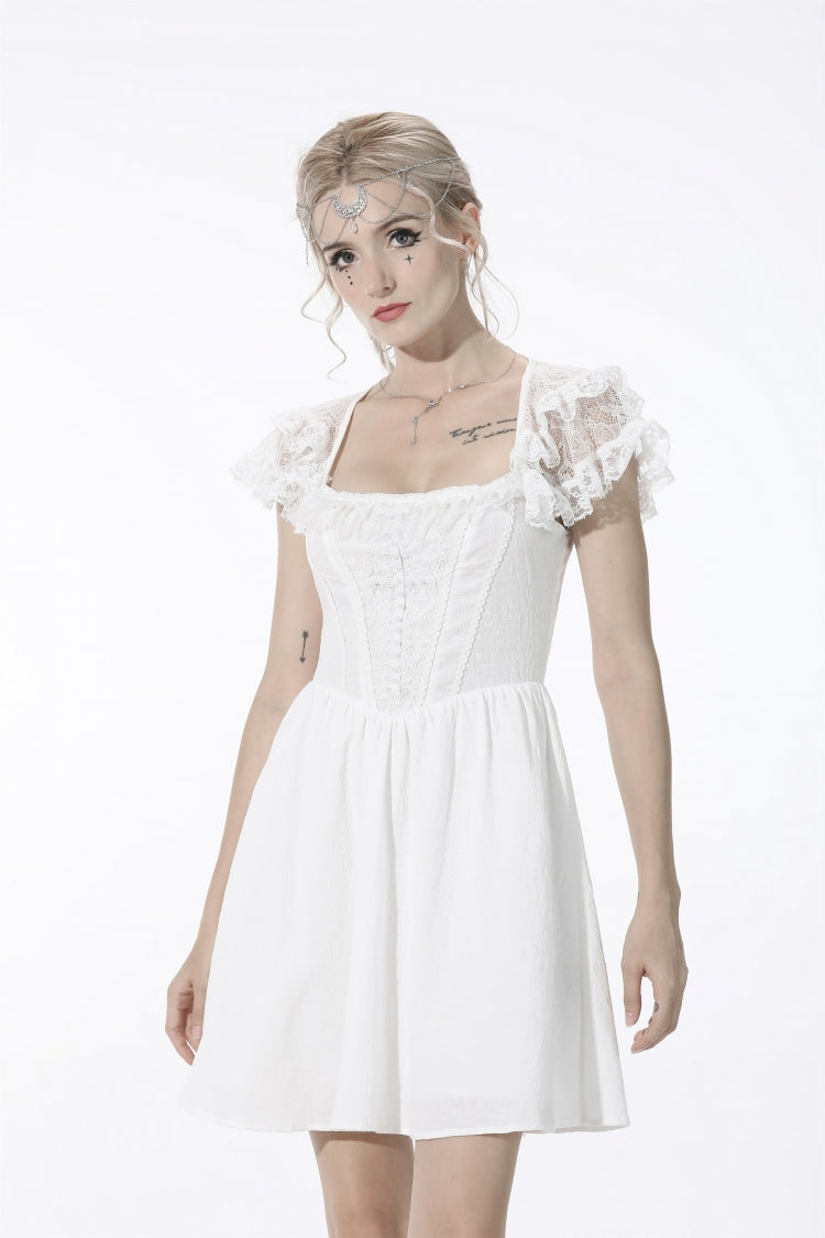 White Layered Lace Square Collar Strappy Gothic Mini Dress