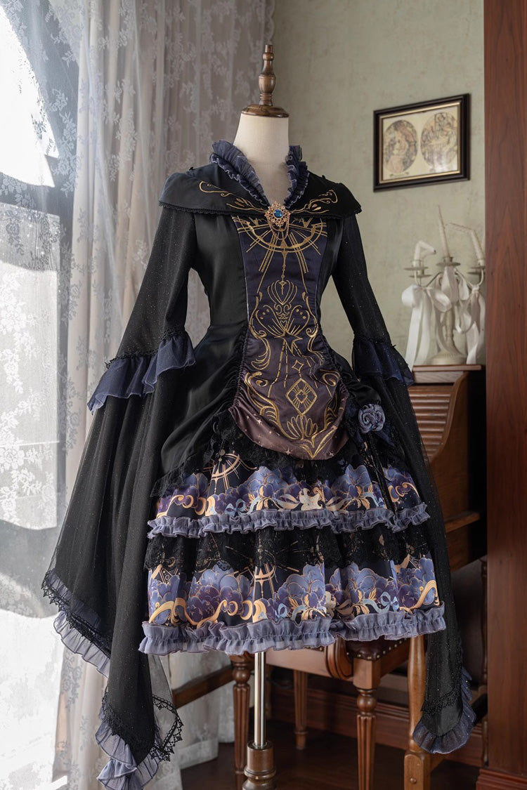 Black Long Sleeve Double Print Ruffle Lace Gothic Lolita Dress