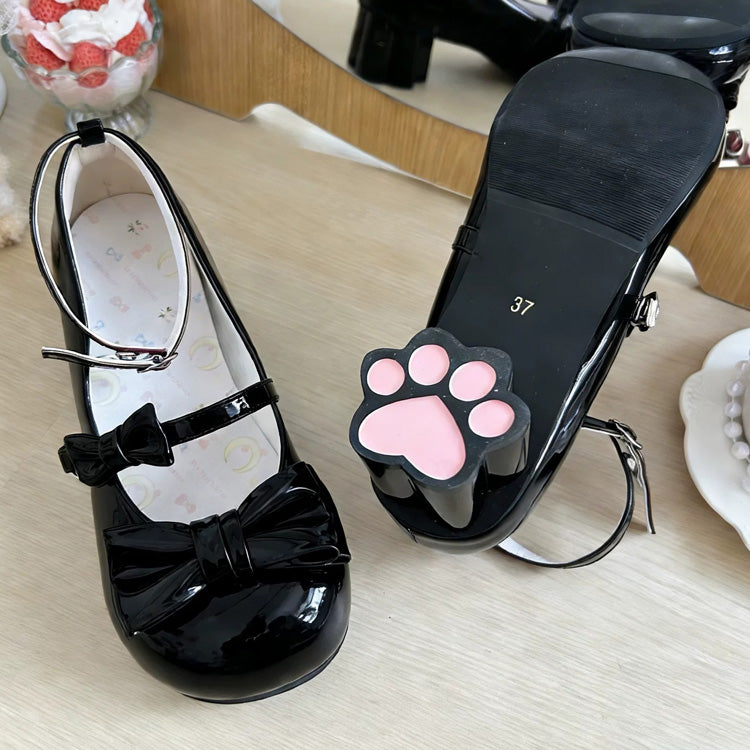 Cat Paw Heel Bow Mary Jane Shoes - Round Toe, 7 Shades