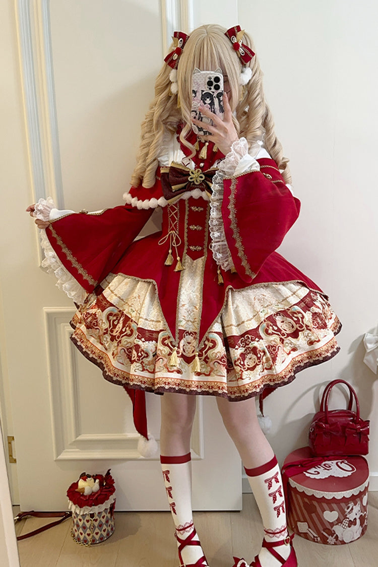 New Year Red Print Ruffle Bowknot Lace-Up Sweet Chinese Style JSK Dress