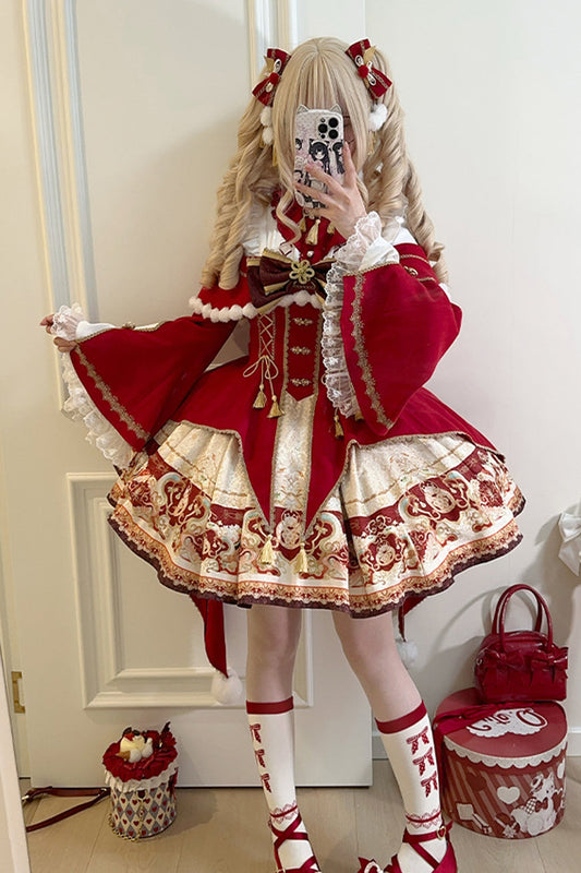 New Year Red Print Ruffle Bowknot Lace-Up Sweet Chinese Style JSK Dress