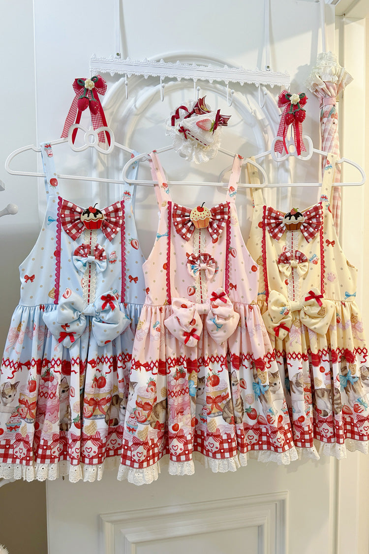Sleeveless Bow Lace Sweet Lolita Strap Dress with Print - Strawberry Cake Kitty