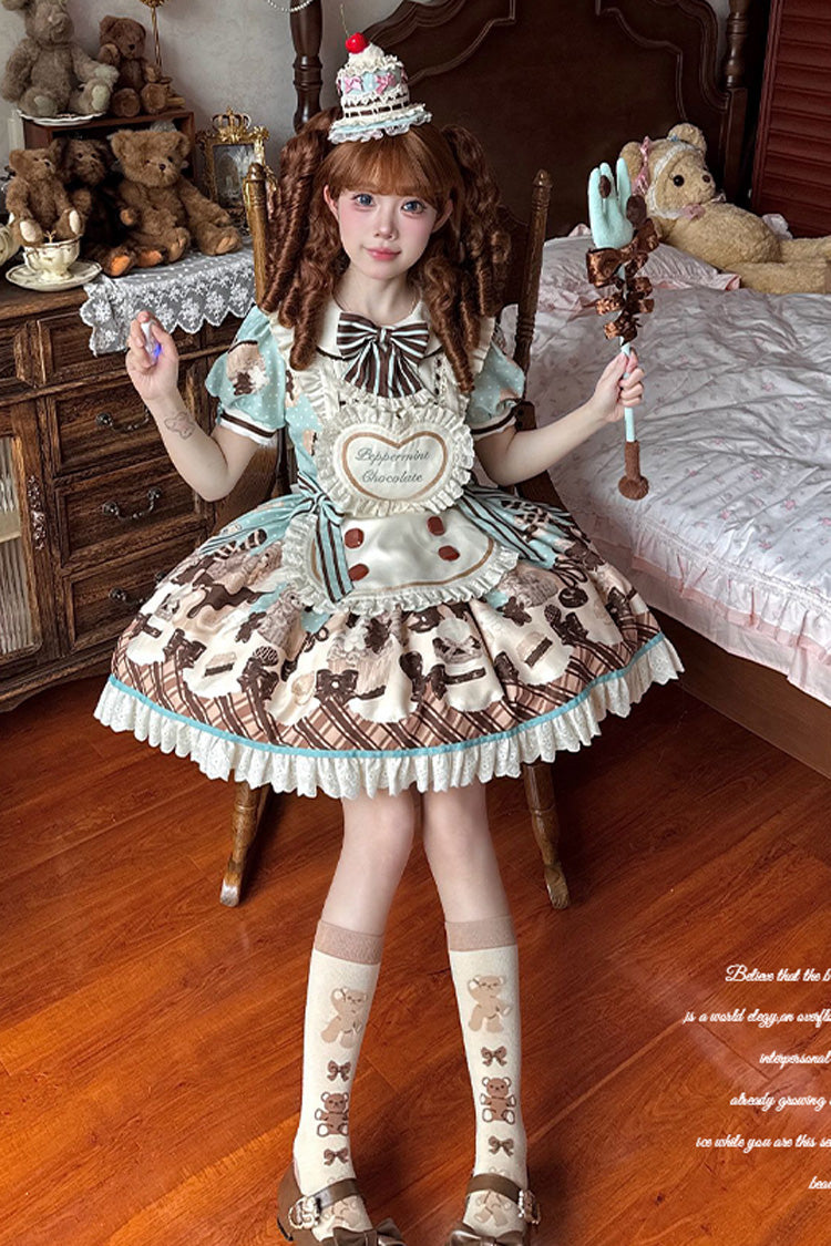 Brown Chocolate Cake Bear Print Ruffled Bow Lace-Up Sweet Dress - Peppermint Chocolate