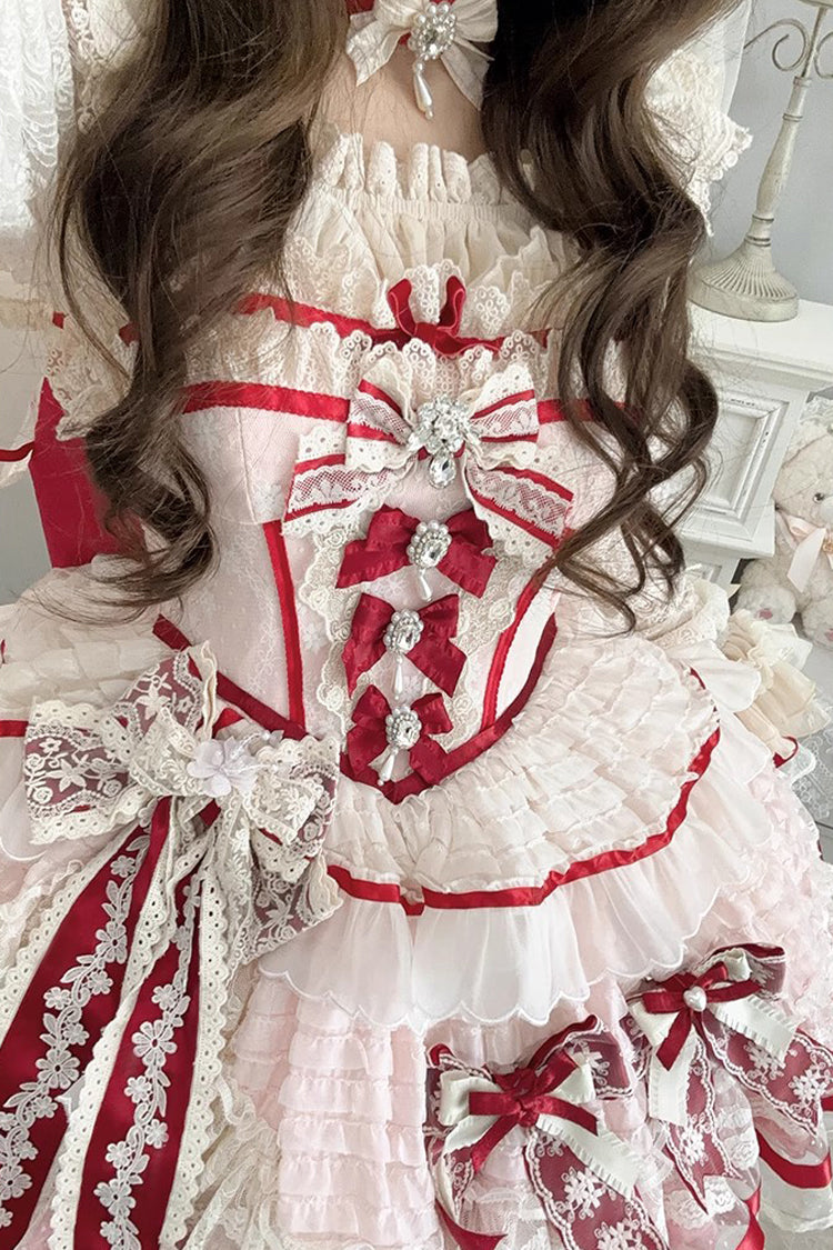 Moonstone Sleeveless Ruffle Embroidery Bow Lace Fishbone Princess Dress in Pink