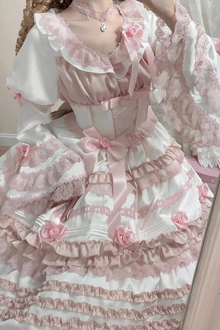 Ivory and Pink Peach Ice Short Sleeve Ruffled Ribbon Lace Sweet Lolita Dress