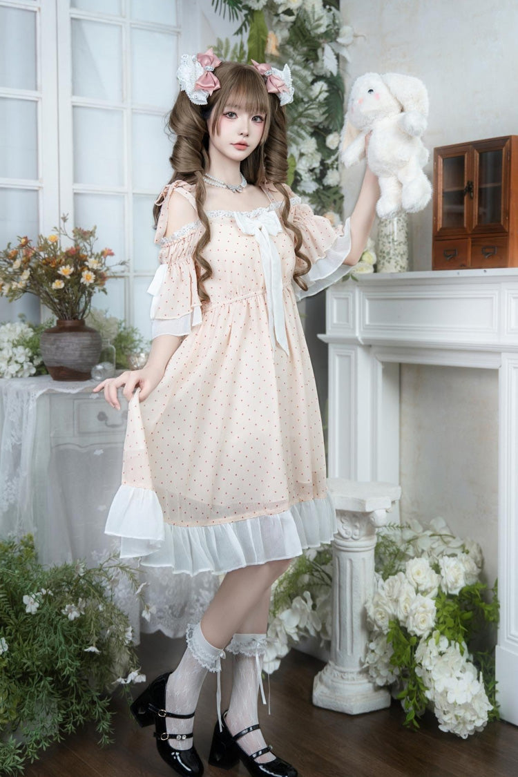 Off Shoulder Short Sleeve Polka Dot Printed Ruffled Bow Lace Palace Dress - Pink