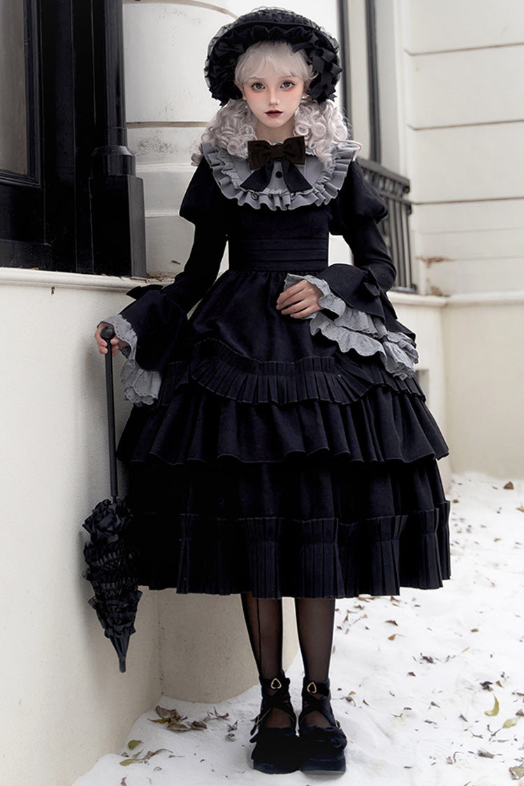 Long Hime-Sleeve Ruffled Bow Gothic Dress in Black