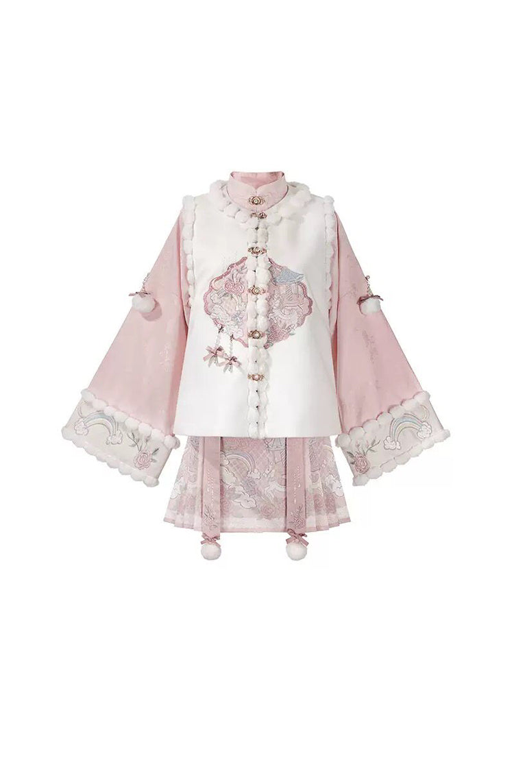 Ivory and Pink Miracle Pony Round Collar Long Sleeve High-Waist Printed Sweet Hanfu Dress Set