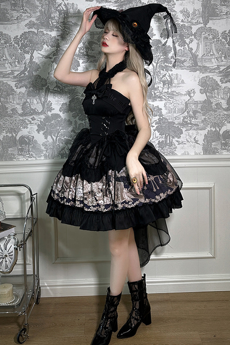 Black The Mystery of The Doll Halterneck Printed Ruffle Bowknot Drawstring Gothic Lolita Dress