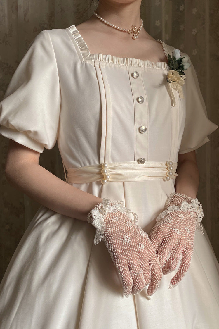 Apricot Classic Vintage Lolita Dress with Square Collar Short Sleeves and Ruffle Trim