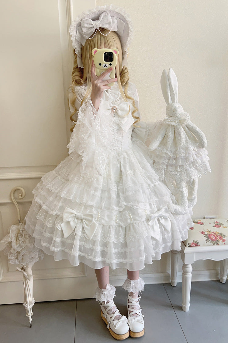 Ivory Sweet Doll Dress with Bowknots and Lace Details - Dream Prologue
