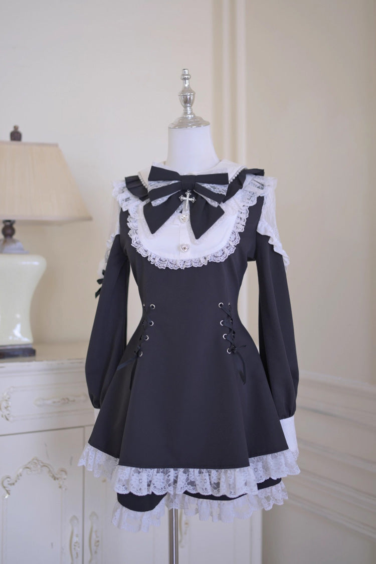Black and White Divine Love Cut-Out Bow Lace-Up Dress and Shorts Set