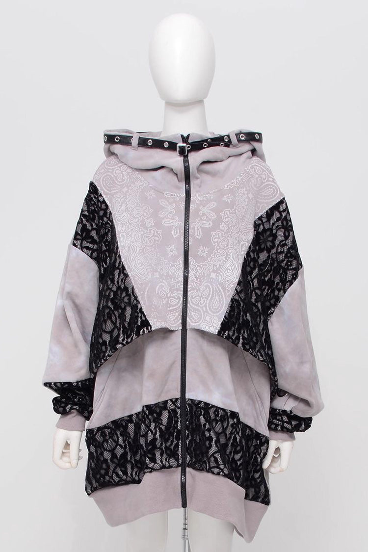Color-Blocked Hooded Tie-Dye Zip-Up Jirai Jacket