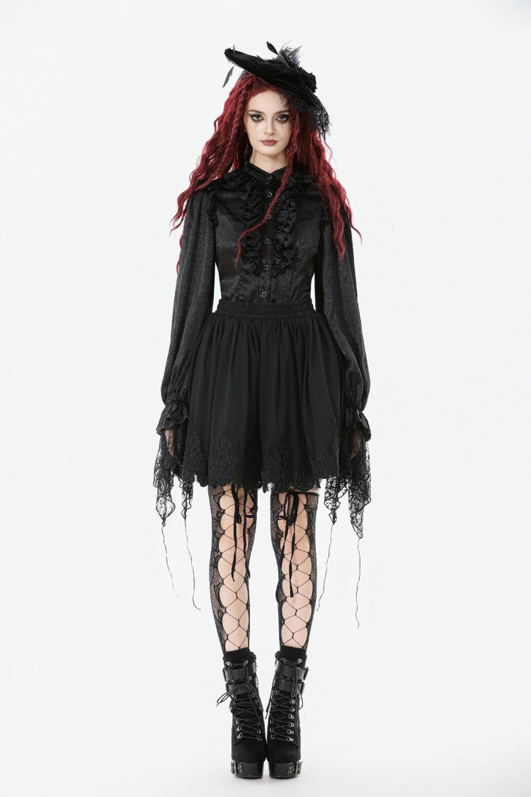 Jet-Black Gothic Blouse with Lantern Sleeves and Ruffled Lace