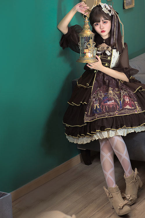 Chocolate Japanese Alchemist Theme Bowknot Multi-Layer Ruffled Classic Lolita JSK