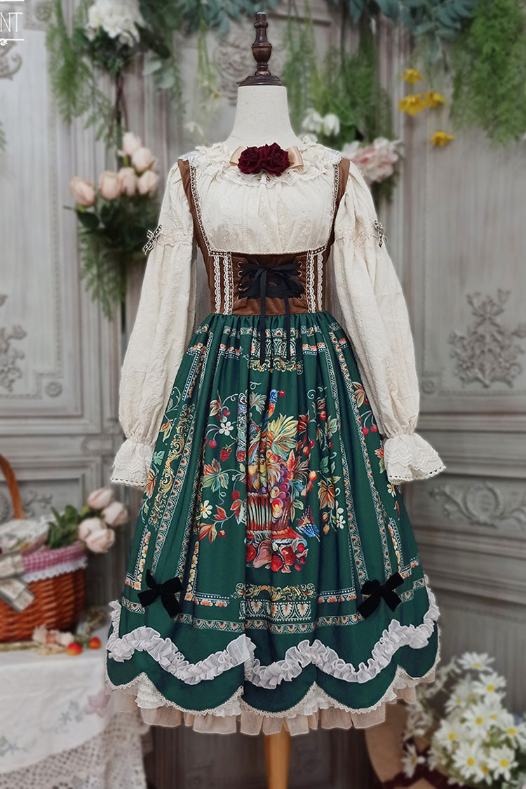Green Velvet Classic Lolita JSK Dress with Berries and Birds Print Ruffle Bowknot
