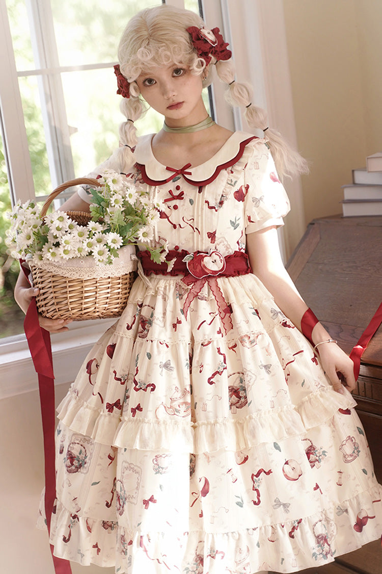 White Apple Tea Printed Country Style Sweet Lolita Dress - Short Sleeved Ruffled