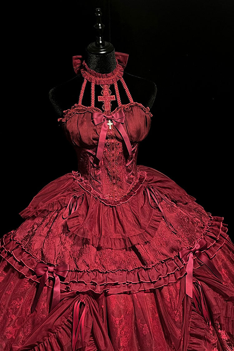 Wine Red Cross Halterneck Lace-Up Gothic Lolita Dress - Princess Ruffled