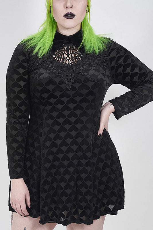 Front Chest Hollow-Out Decals Long Sleeve Back Waist Lace-Up Plus Size Velvet Print Gothic Dress