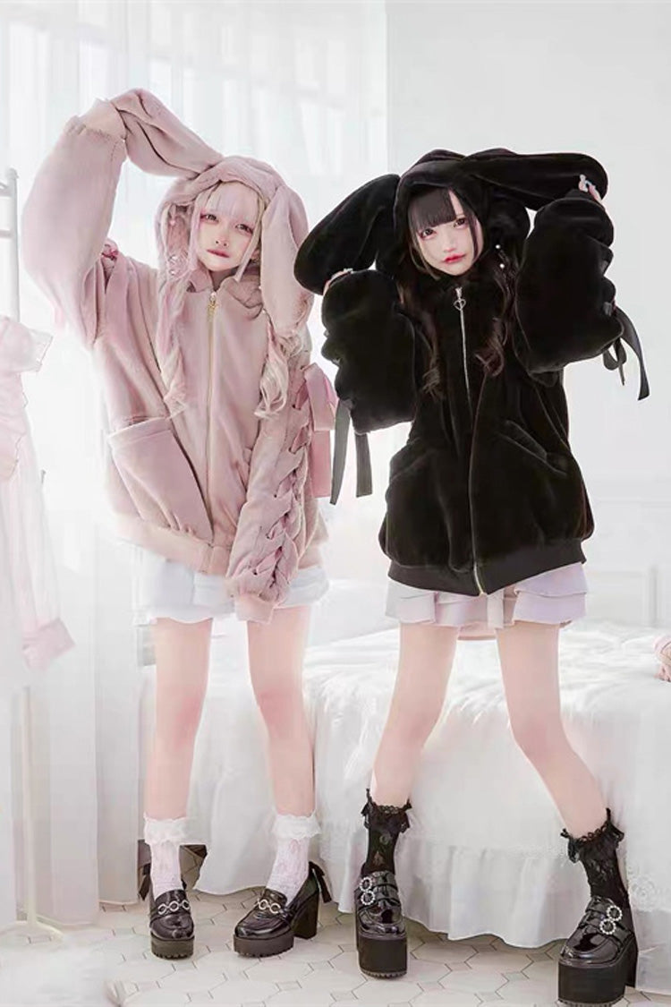 Black Rabbit Ears Bowknot Lace-Up Hooded Jirai Kei Coat