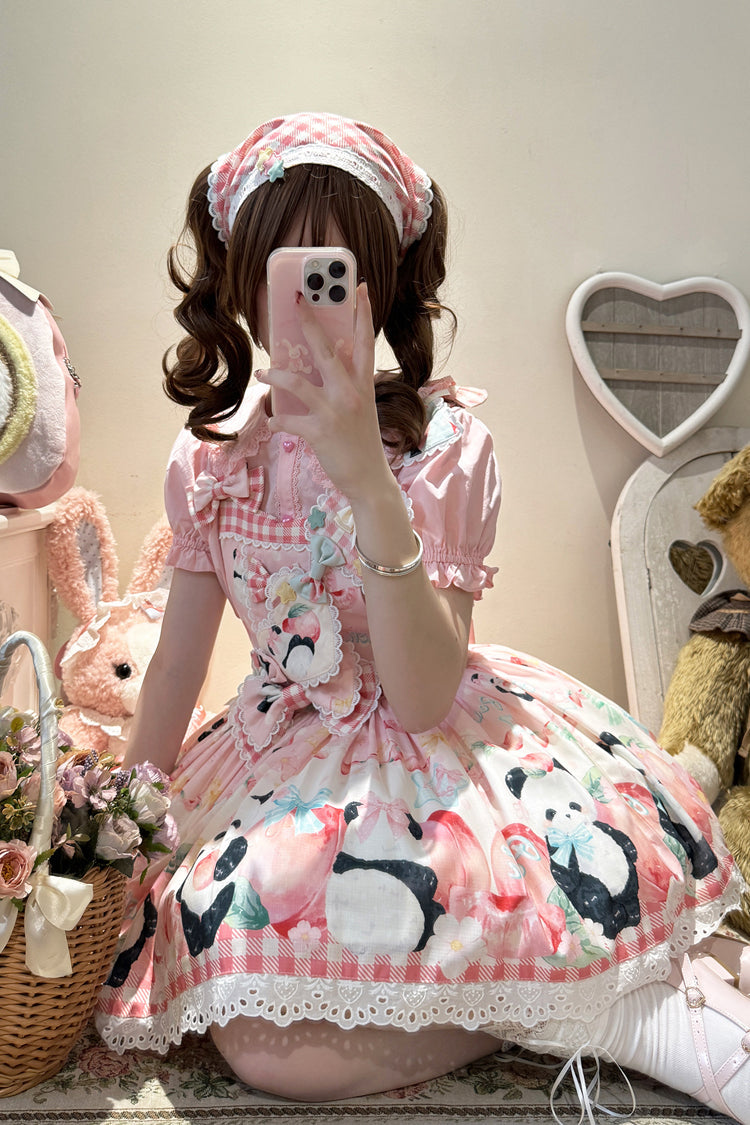 Panda Peach Printed Bow Sweet Lolita Strap Dress