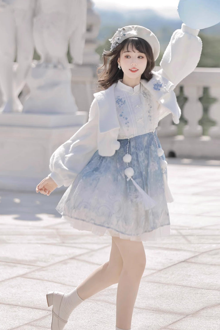 White Blue Printed Chinese Style JSK Set - Sweet Lolita Dress