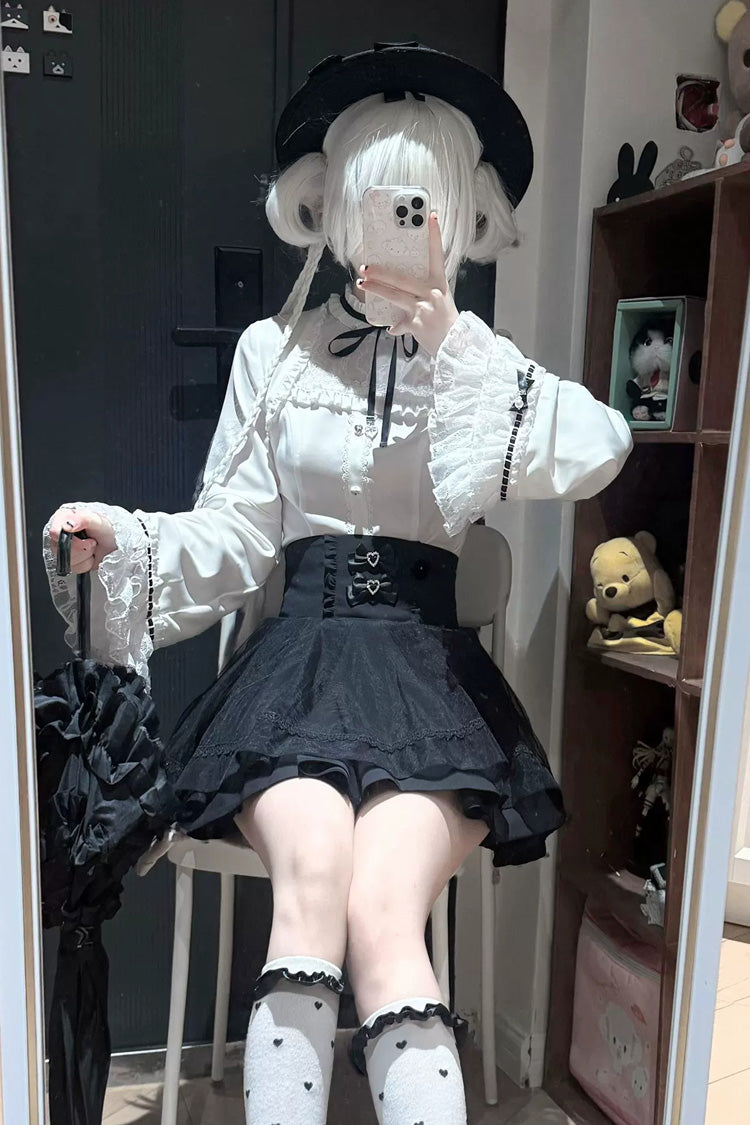 Moonlit Butterfly Lapel Collar Trumpet Sleeve Ruffled Lace Japanese Skirt Set
