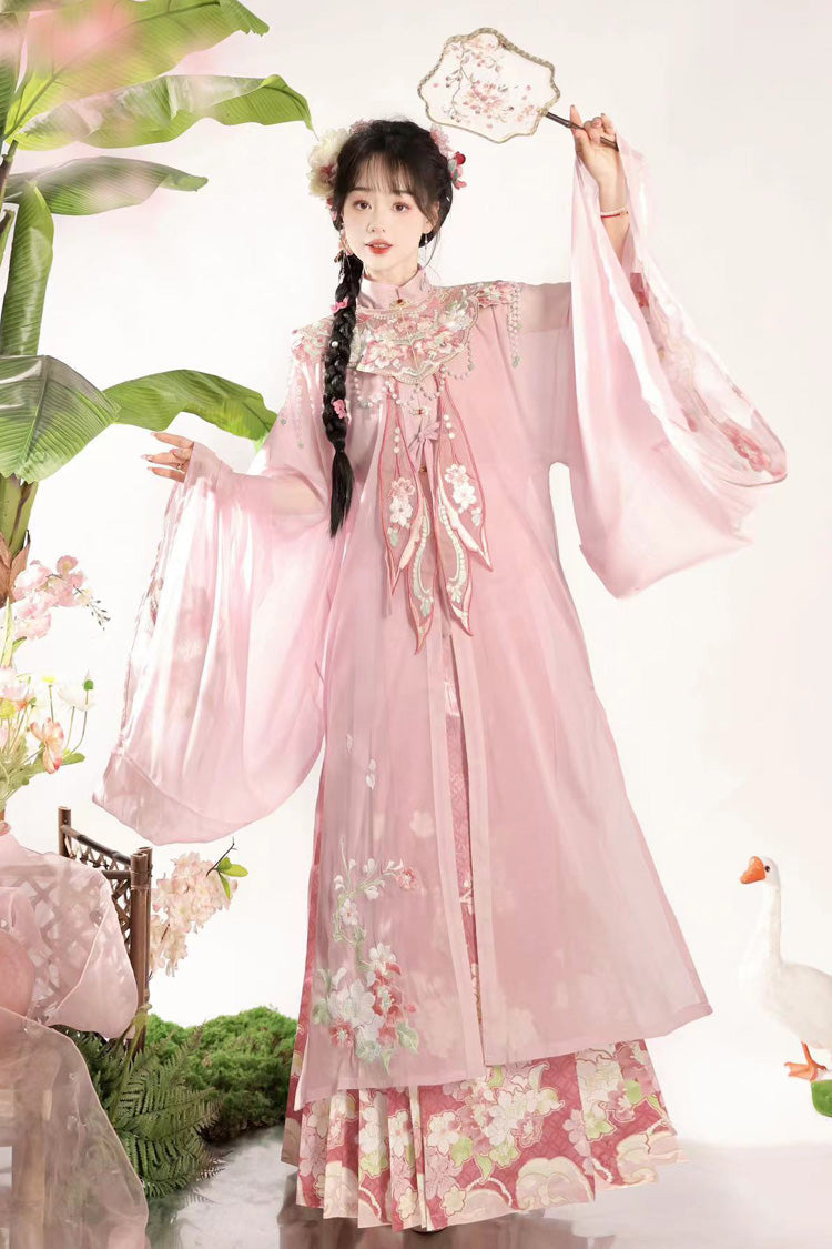 Rose Mandarin Collar Long Sleeve Ming-Style Embroidered Cloud Shoulder Sweet Hanfu Horse-Face Ensemble
