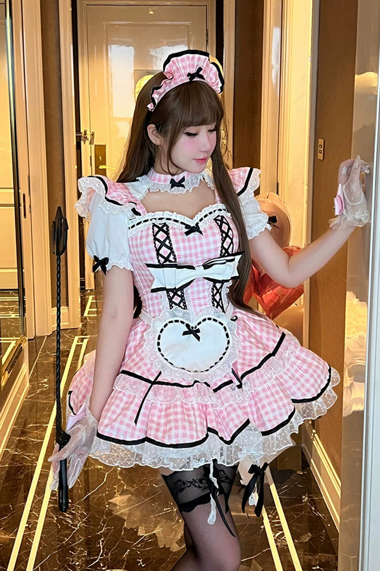 Sweet Lolita Maid Dress with Printed Ruffled Bow and Square Collar - Pink