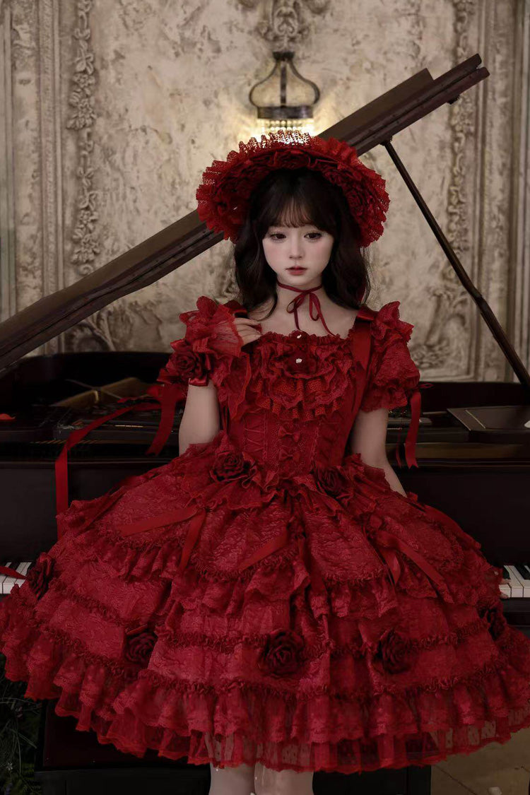 Rose Manor Square Collar Short Sleeves Ruffled Bow Lace Classic Lolita Dress - Red