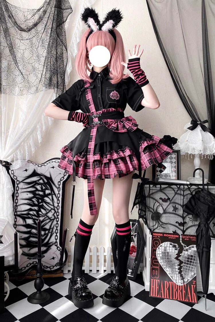 Plaid Print Lolita Skirt with Bowknot, Ruffles, Dark Girl Style