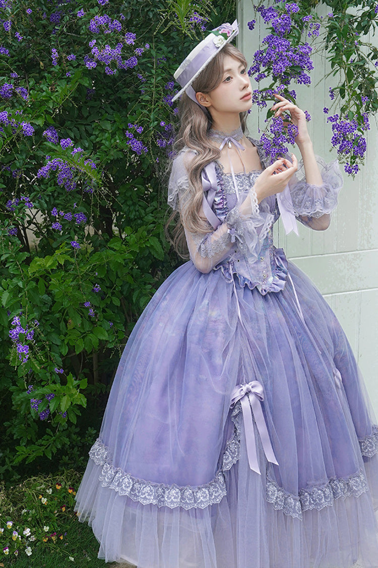 Amethyst Bow-Trimmed Lace Ruffled Long-Sleeve Gothic Dress