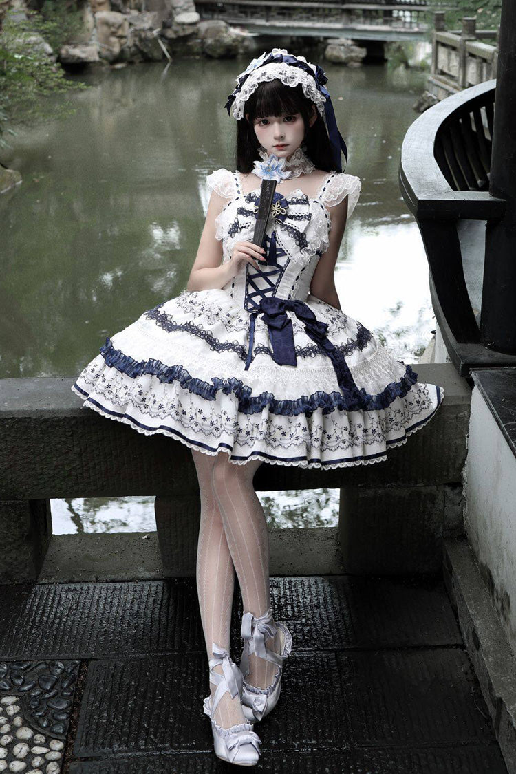 Mandarin Duck Rhapsody Sleeveless Porcelain Printed Ruffled Bow Chinese JSK