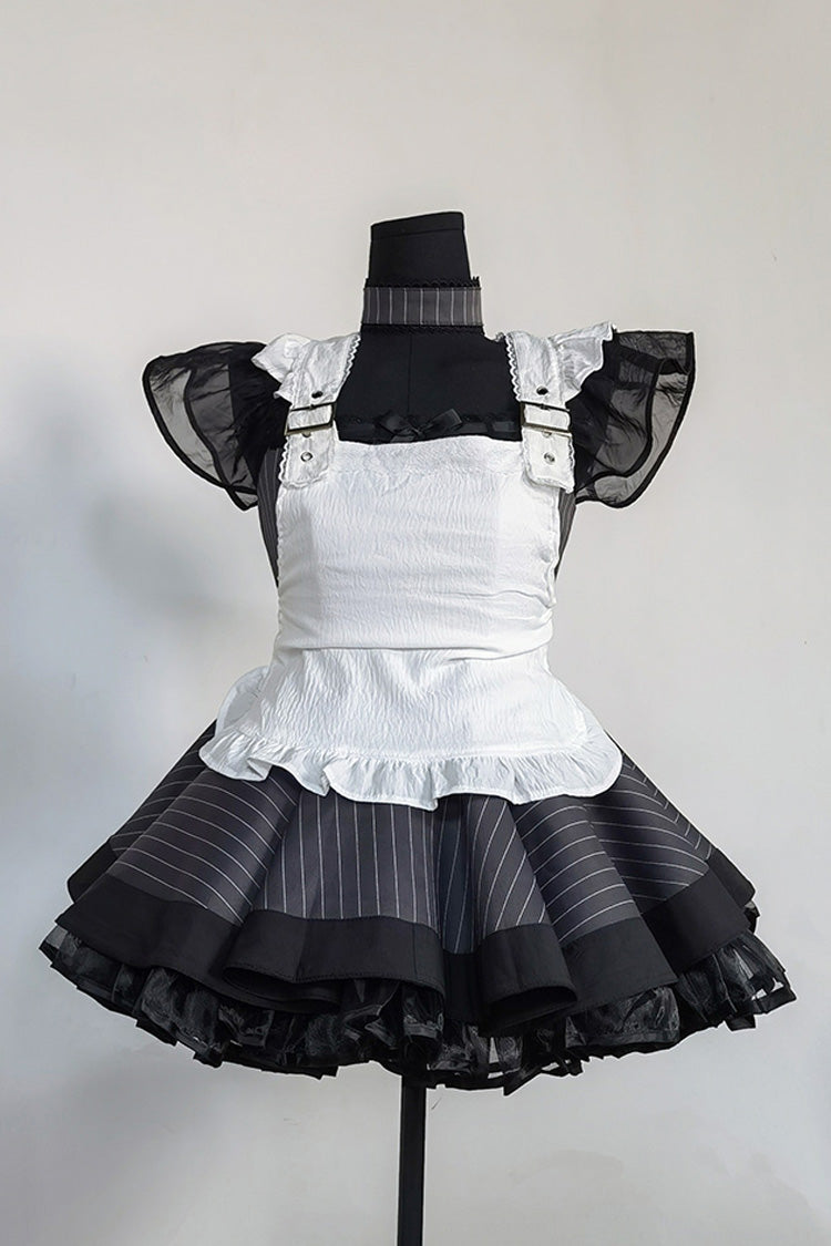 Grey Stripe Print Ruffled Bow Gothic Japanese Maid Dress
